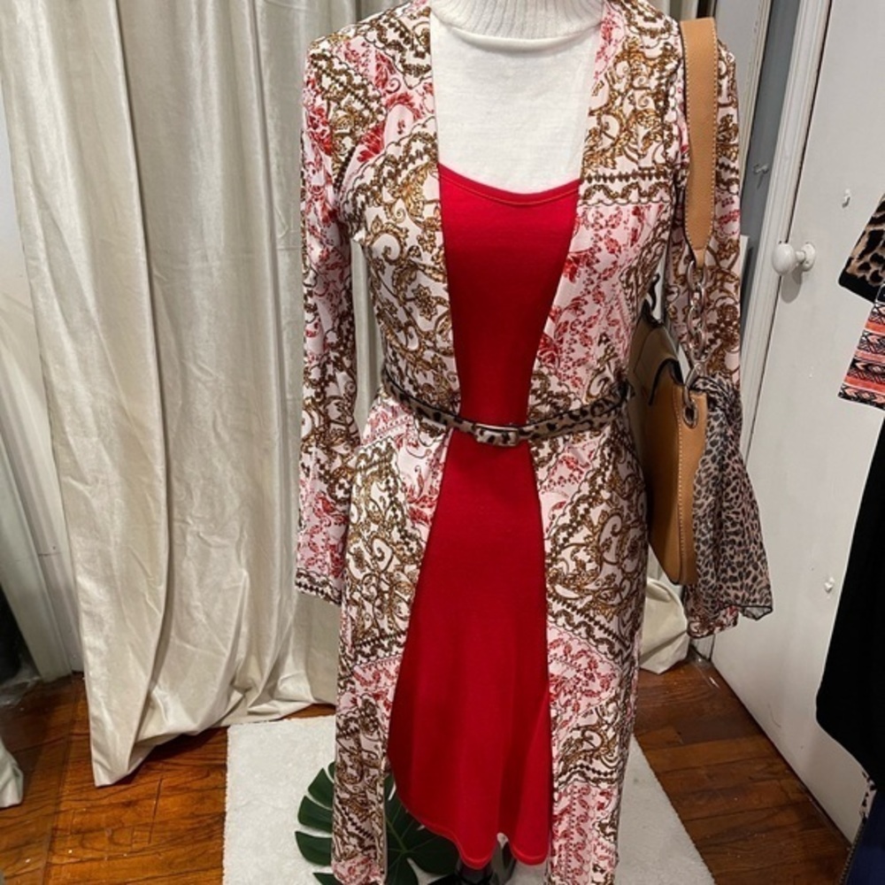 2 piece Nasty Gal red dress size 8 & Love Print Duster size M! Great outfit❤️